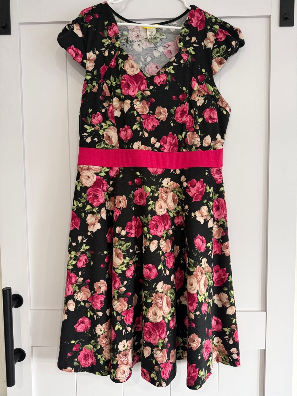 Black Floral Fit-and-Flare Dress with Pink Accents